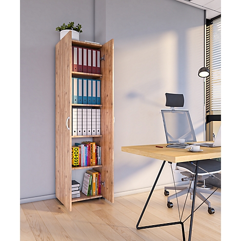 Open wooden cabinet with files and books. Desk with laptop in the background.
