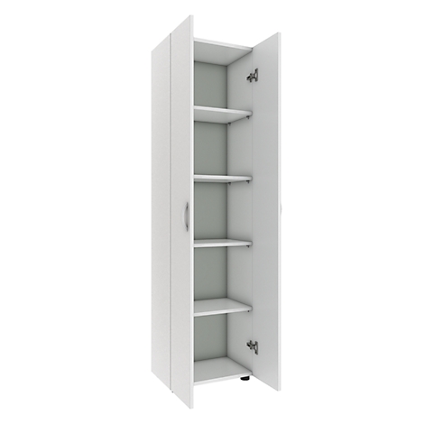 White cabinet with open doors, interior shelves visible. Grey background.