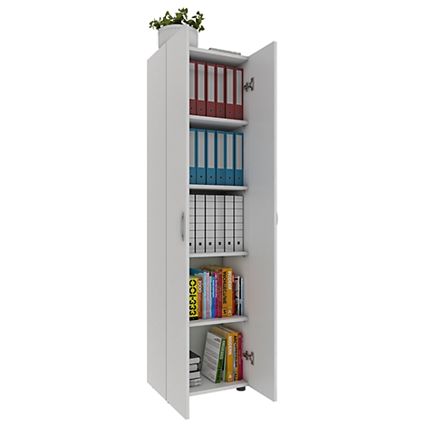 White cabinet with open door, filled with folders and books.