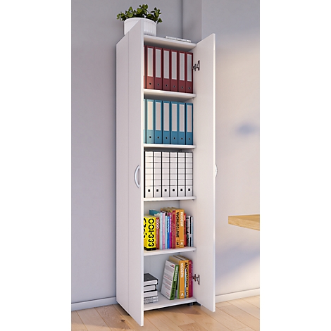 White filing cabinet with open doors, filled with binders and books, and a plant on top.