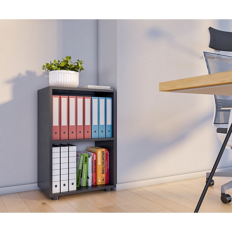 Dark gray shelf with binders, books, and a potted plant. A desk and chair in the background.