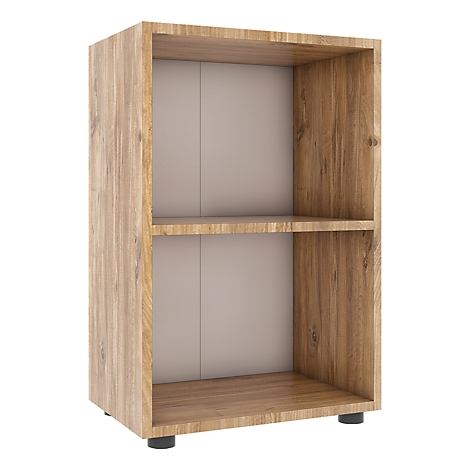 A light brown shelf with two compartments and black feet. The back wall is light gray.