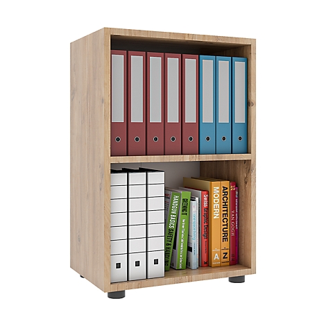 Light brown bookcase with binders and books. Red, blue, and white binders, next to books in various colors.