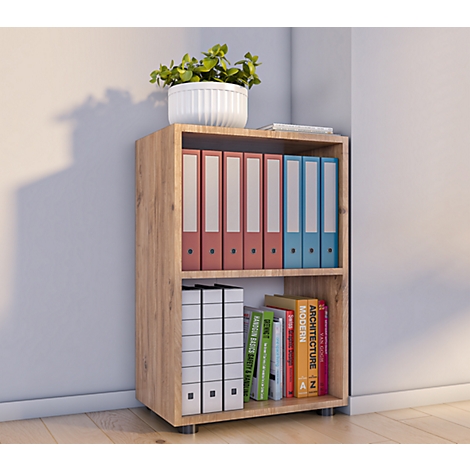 A light brown shelf with books, folders and a potted plant.