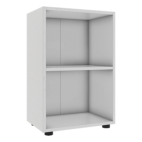 White bookcase with two compartments on black feet. Interior white, exterior white.