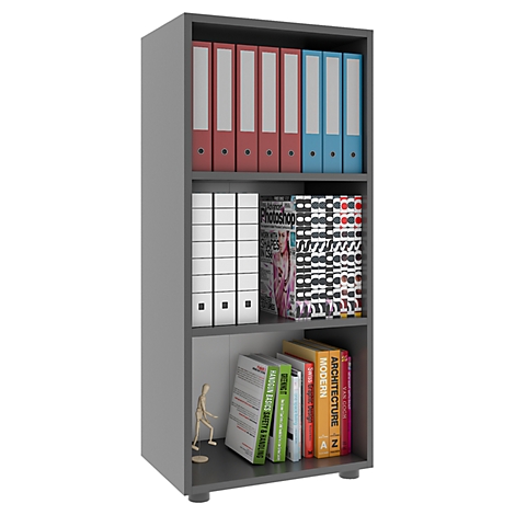 Gray bookshelf with folders, books and decoration. On the shelves are red, blue and white folders, as well as books of different colors and sizes.