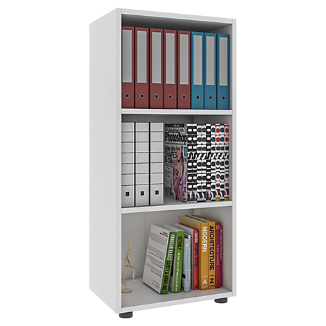 White shelf with three compartments filled with binders and books.