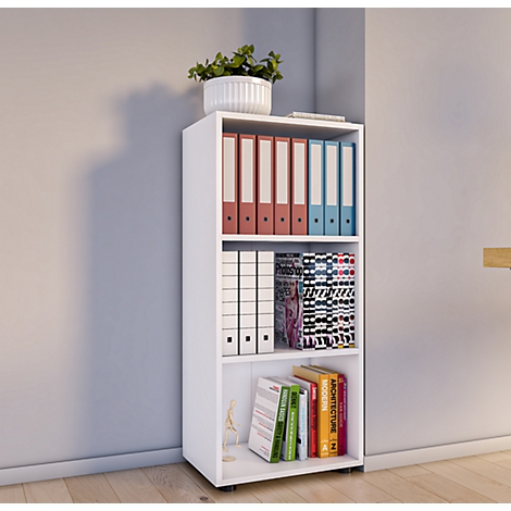 White shelf in a corner with file folders, books and a plant.