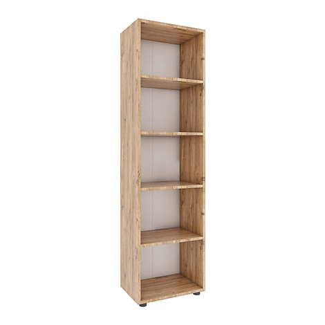 Tall wooden bookcase with open shelves. Brown wood look, light interiors, standing upright.