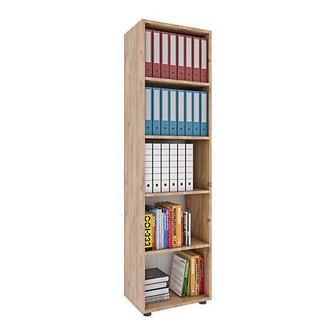 Tall bookcase made of light wood, filled with folders and books in different colors.