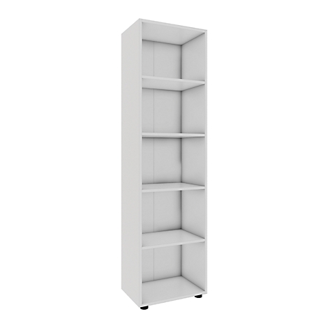 A white bookshelf with five open shelves against a white background.