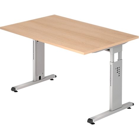 Een lichtgekleurd, rechthoekig bureau met verstelbare, zilverkleurige poten. Het tafelblad is van hout.