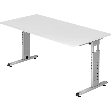 Een witte bureau met zilverkleurige, in hoogte verstelbare poten, met zwarte voetjes op de hoeken.
