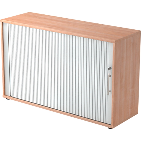 A light wood cabinet with slat doors. The handle and hinges are silver.