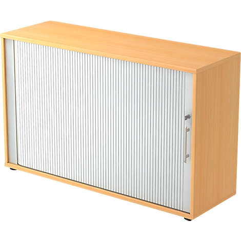 Wooden cabinet with slatted door, handle and hinge. The cabinet has a rectangular shape.