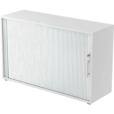 White cabinet with a slatted door and a silver handle. The slats run vertically, the surface is smooth.