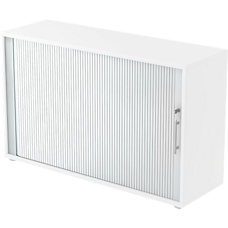 White cabinet with slatted doors, silver handle.