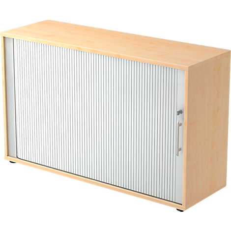 A rectangular cabinet made of light-colored wood. The front consists of vertical, light-colored slats; the door has a silver handle.