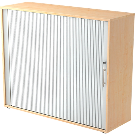 Wooden cabinet with a white roller door. The handle is silver.