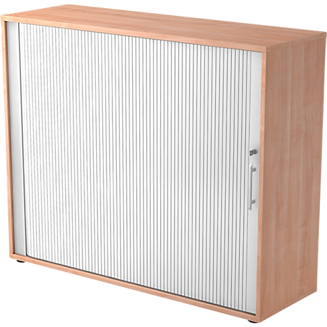 Wooden cabinet with white slatted front and silver handle. Rectangular, light wood look.