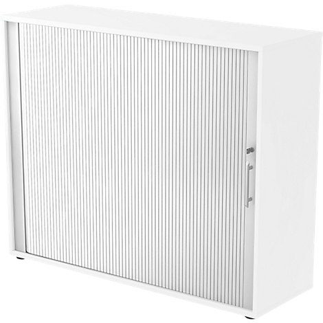 White cabinet with slatted door and silver handle. The door is closed.