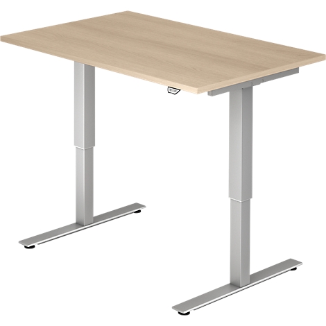 Light brown, height-adjustable desk with silver legs. Control panel on the tabletop.
