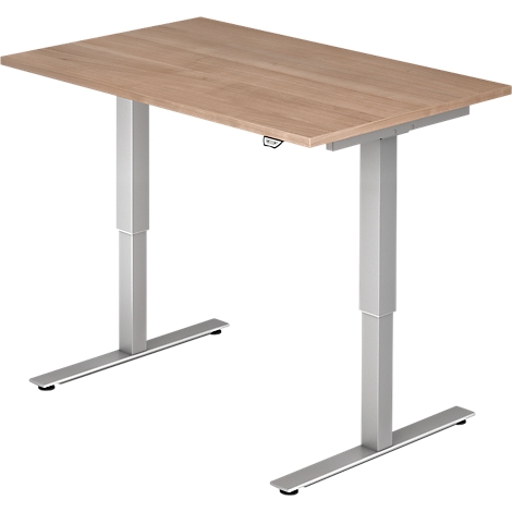 A height-adjustable desk. Wooden tabletop, silver frame, rectangular shape.