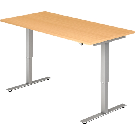 A light, height-adjustable desk on a gray metal frame, wooden top.