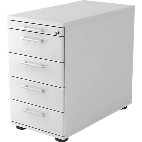 White mobile pedestal with four drawers and silver handles. There is a lock on the top.