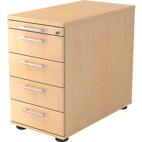 A wooden desk container with four drawers, silver handles, and a lock.