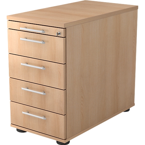 Beige wooden filing cabinet, four drawers, silver handles. Key is in the lock of the top drawer. Black feet.