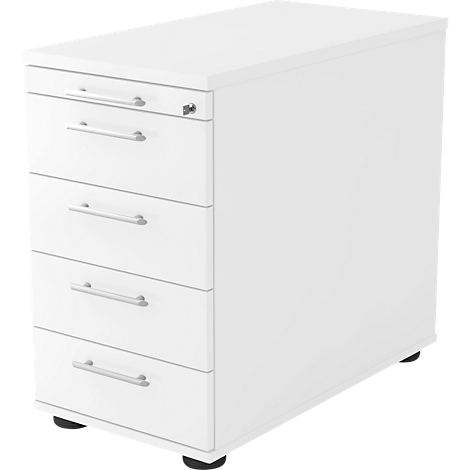 White, tall mobile pedestal with four drawers and silver handles. The piece of furniture stands on black feet.