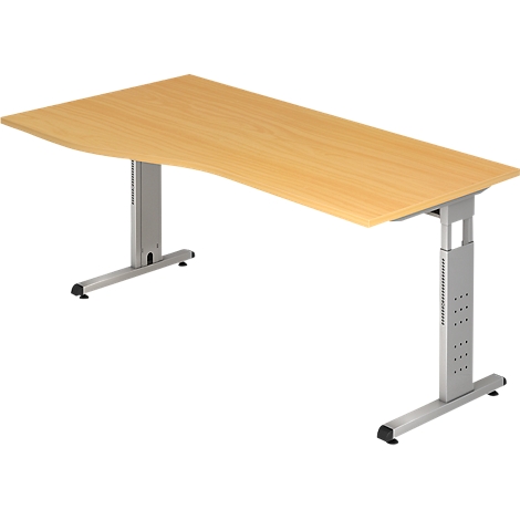 A light-colored wooden desk with silver, height-adjustable legs.