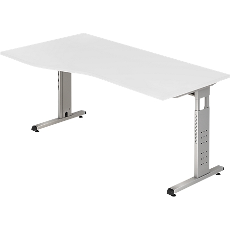 A white, height-adjustable desk with a curved tabletop and silver legs.