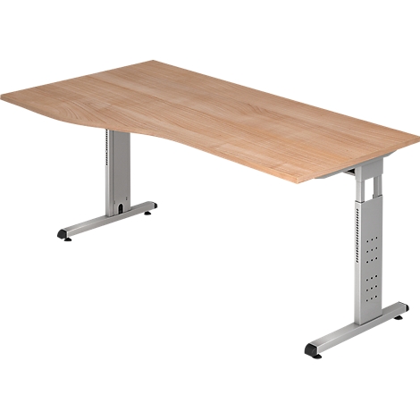 A light brown desk with a curved edge and silver, height-adjustable legs. The background is white.