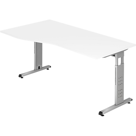 White height-adjustable desk with gray legs. The tabletop has a slightly curved shape.