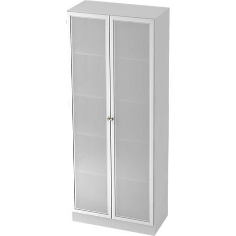 White cabinet with two doors and glass front. Golden handle in the middle.