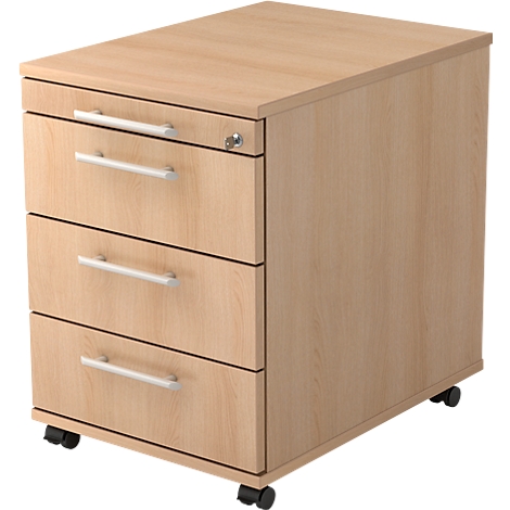 Light brown rolling file cabinet with three drawers, silver handles and lock.