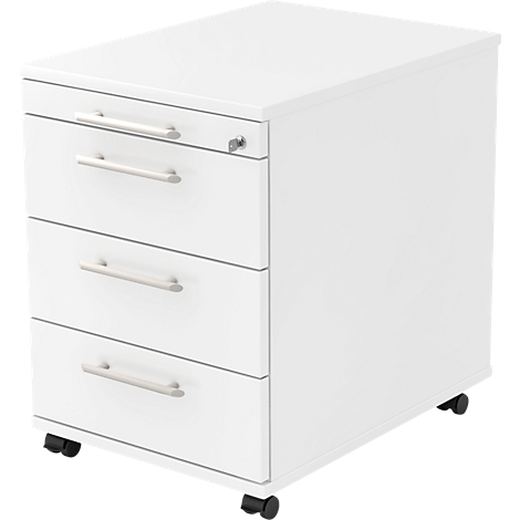 White, mobile file cabinet with three drawers and silver handles. Black castors.