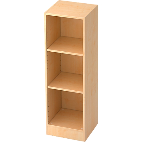 A tall, open bookcase made of light wood, with three shelves. The cabinet stands against a neutral background.