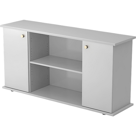 Grey sideboard with two doors and gold-colored handles. Open compartment with two shelves.