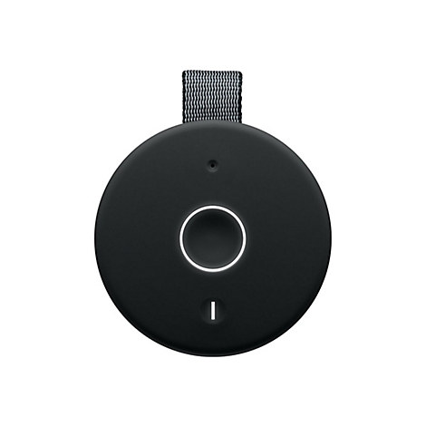 Schwarzer, runder Bluetooth-Lautsprecher, obenliegende Bedienelemente. Mit Trageschlaufe.