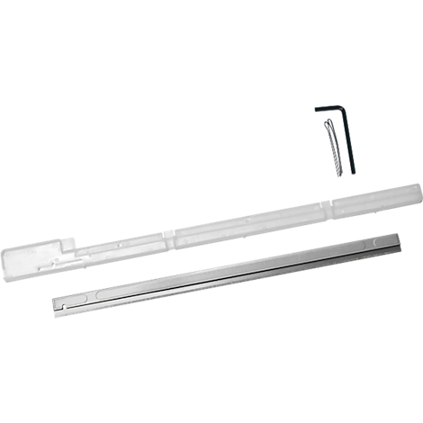 On a white background, a silver blade and a transparent plastic guide lie. Above, a black Allen wrench and two metal clips.