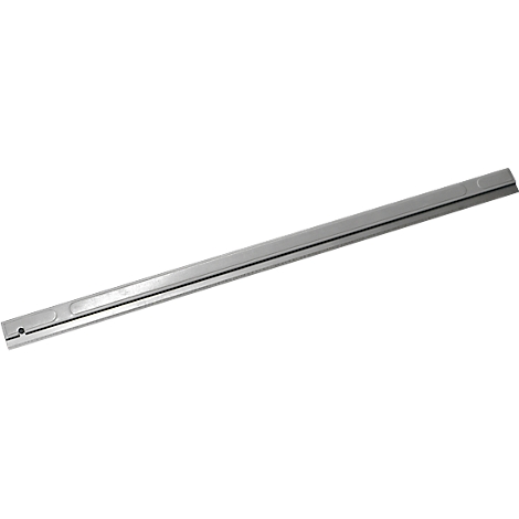 Long, gray metal rail lying diagonally on a white background.
