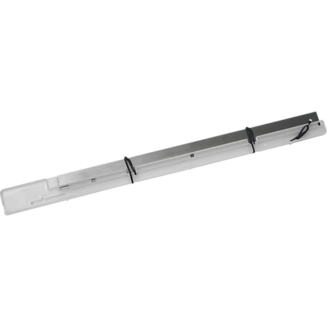 Cutting ruler in plastic sleeve, secured with black cable ties.