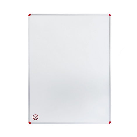Ein weißes Whiteboard im Hochformat mit dünnem Metallrahmen und roten Eckverbindungen sowie kleinem roten X-Symbol.