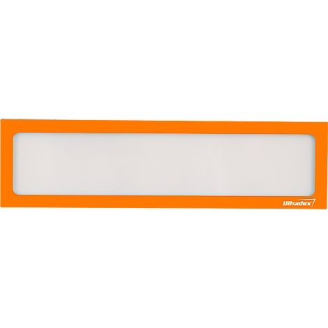 Rectangular, white sticker with an orange border. There is small print on the right side.