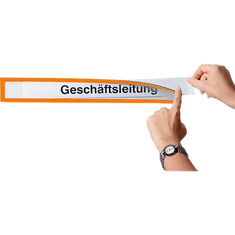 Hands removing sign saying "Geschäftsleitung". Orange frame.