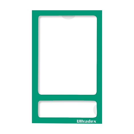 Vertical rectangular card with white background. Green border and lower area, the word "Ultradex".