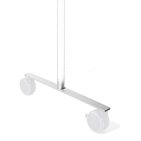 Silberne T-förmige Basis mit zwei Rollen für ein mobiles Ständersystem auf weißem Hintergrund.